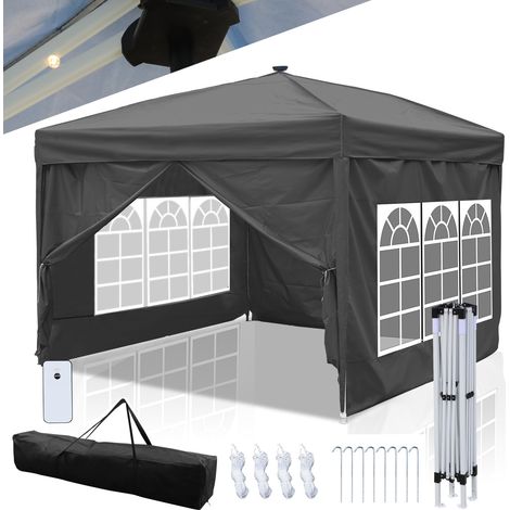 Jiubiaz Gazebo da Giardino POP-UP Tenda Pieghevole Protezione Solare UV 50+ Tenda Pieghevole Con Pareti Grigio 3x3m con Illuminazione Solare LED (1/5)