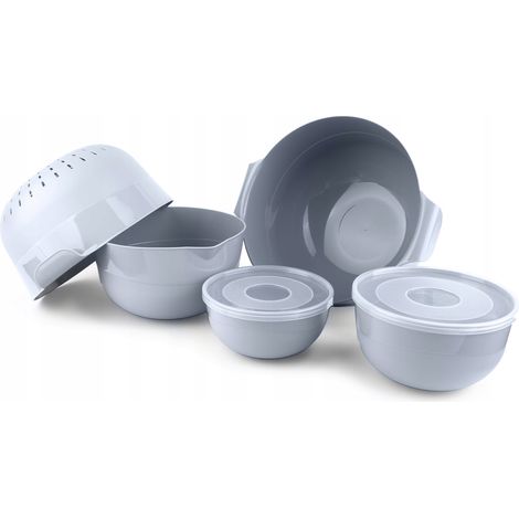 KADAX 7-teiliges Küchenschüssel-Set + 3-l-Sieb, Kunststoff, hellgrau