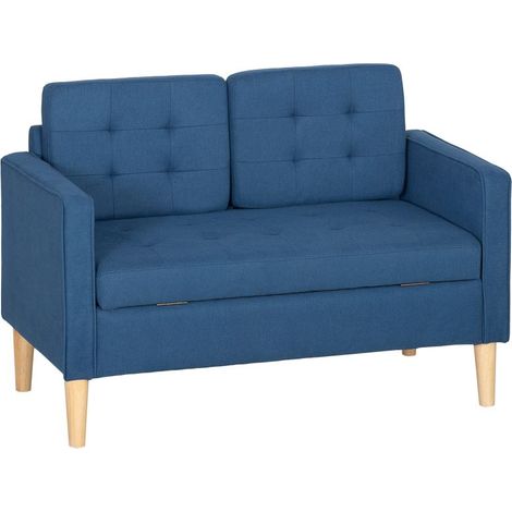 Sofa convertible 2 places avec rangement, coussins confortables, en bois d'hévéa, dimensions 117x62x78cm, couleur bleue
