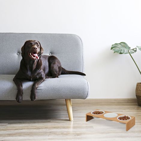 Relaxdays Futterstation Hund, Hundebar 3 Npfe, je 400 ml,  splmaschinenfest, Bambus & Keramik, Napfstnder, natur/wei