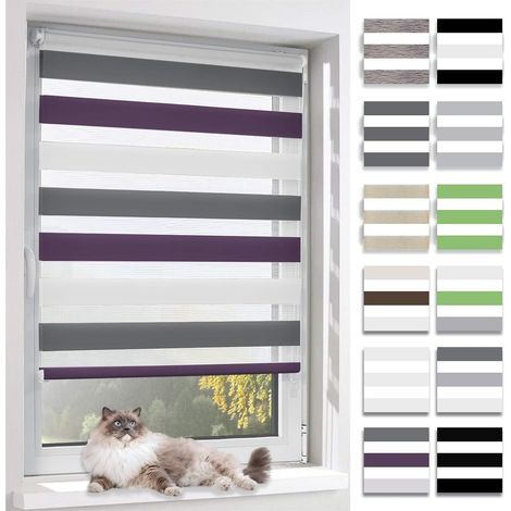 BelleMax Store Enrouleur Jour Nuit,Tissu Double,Rideau sans Perçage,Translucide Occultant Protection Vie privée,pour Fenêtre et Porte,(Largeur du Tissu 35 cm),Blanc-Anthracite-Aubergine,35l x 150L cm (1/4)