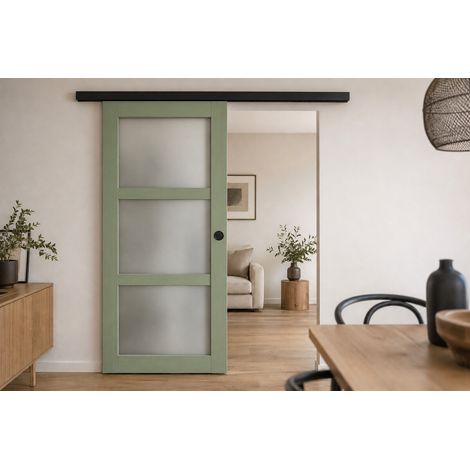Porte Coulissante Vert Ral 6021 Vitrée H204 X L73 + Rail Alu Bandeau Noir Et 2 Coquilles Noir (1/5)