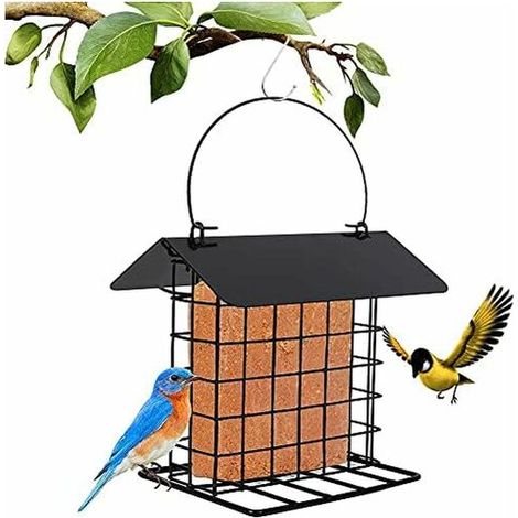 DEESSE SHOP - Mangeoire à oiseaux suspendue, matériau en métal Mangeoire à oiseaux sauvages Forme de maison Blocs de suif Anti-écureuil Boules de graisse Mangeoire avec toit et crochet en S pour l'ext (1/5)