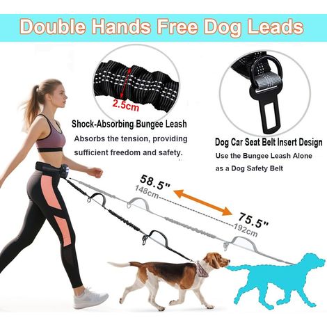 Laisse de dressage mains libres pour chien avec ceinture ajustable et sac de rangement, laisse élastique absorbant les chocs pour course et randonnée