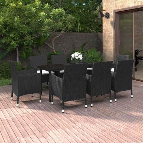 9-tlg. Garten-Essgruppe mit Kissen Poly Rattan und Glas (1/5)