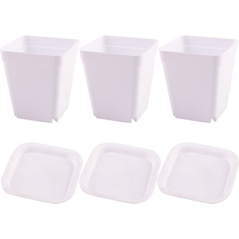 3 pots de pépinière carrés, plastique résistant UV, avec soucoupes et trous de drainage, pour semis et décoration intérieure (1/5)