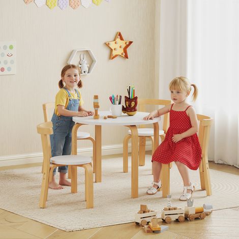 Table et Chaises Enfant 3-8 Ans, Ensemble 5 Pièces en Bois Blanc, Coins Arrondis, Mobilier Sûr pour Jeu et Étude (1/5)