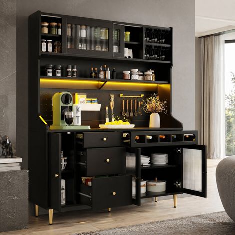 Aparador con LED, estantes regulables, puerta de vidrio y botellero 145 x 39 x 171 cm OKMYHOME (1/5)