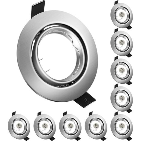 Juego de focos empotrables GU10, marco de montaje de 10 piezas de metal cepillado con portalámparas de cerámica GU10, redondo, Ø 75 mm, giratorio 35°, para lámparas LED o halógenas [Clase de eficienci (1/5)