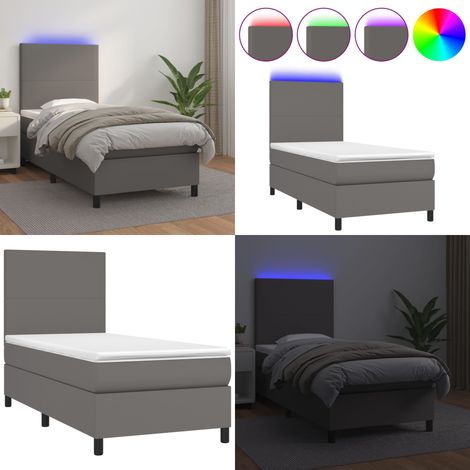 Cama box spring y colchón LED cuero sintético gris 90x200 cm - Cama box spring - Colchón LED