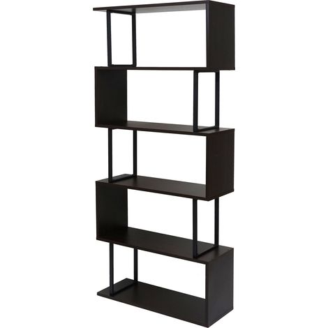 [NUNCA USADO] Estantería HHG-091, estantería de pie, estantería de salón, 183x80cm Estructura 3D 5 niveles, marrón oscuro, metal negro (1/5)