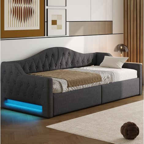 Letto da giorno imbottito 90x200 cm moderno in grigio, MDF e compensato, con testiera/sponde, LED 7 colori e vano contenitore (1/5)