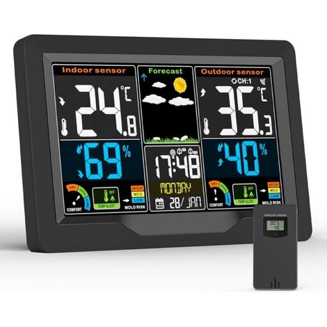 Station Meteo, Station Meteo Interieur Exterieur sans Fil avec Capteur Extérieur, Écran LCD Couleur Numérique, Thermomètre Hygromètre Baromètre des Phases de Lune, PréVision de la TempéRature Météo (1/5)