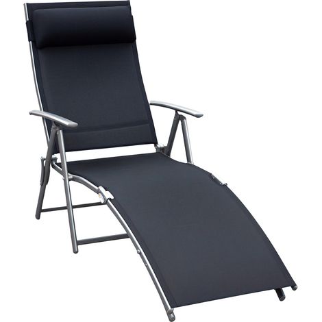 Transat pliant avec coussin, chaise longue avec dossier réglable 7 positions, supportant jusqu'à 165 kg, idéal pour le jardin, les vacances et les activités de plein air, noir. (1/5)