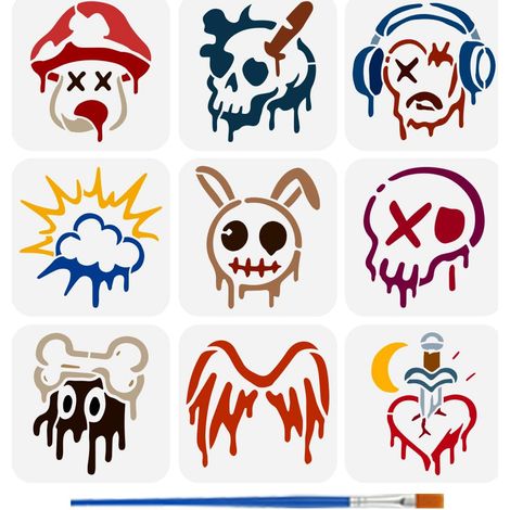 9Pcs Pochoir Mural Graffiti de Rue Avec Pinceau Pochoir de Peinture à Motifs Graffitis 15x15cm Pochoirs Plastique Réutilisables pour Peinture sur Mur Bois Modèle Décoration Intérieur DIY (1/5)