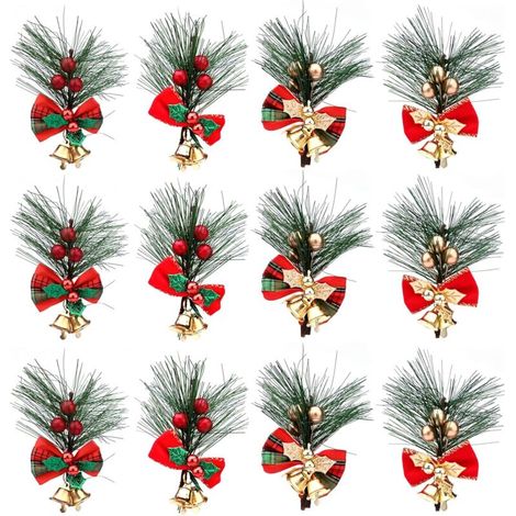 Weihnachtszweige mit Beeren, 12 Stück, künstliche Weihnachtszweige mit roten/goldenen Beeren und Schleifen, rote Beerenzweige für Weihnachtsbaumschmuck und Kränze