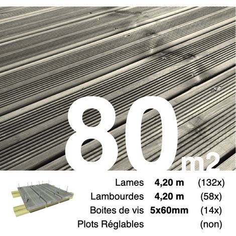 Kit terrasse Pin autoclave Gris pour 80 m² • Lames 4,2 m, lambourdes 4,2 m et visserie Inox • Livraison gratuite (1/3)