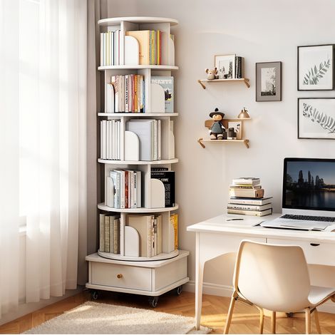 Libreria girevole 360° bianca in MDF, 46 x 46 x 173 cm, cassetto e ruote HAVRYA (1/5)