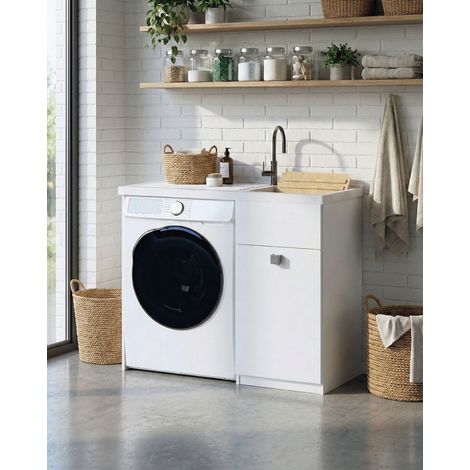 Mobile coprilavatrice Brilla Sx - Con 1 anta e lavatoio Contenitore salvaspazio per bagno e lavanderia - Lavatrice non inclusa - Bianco - 109x93x60 cm (1/3)