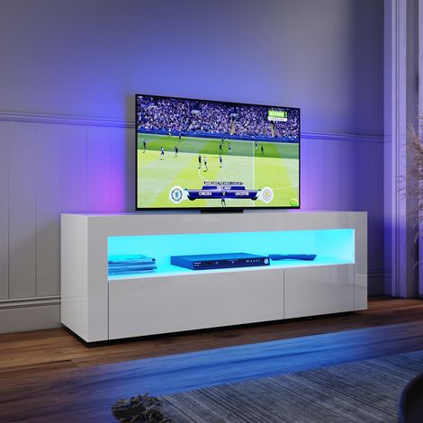 ELEGANT 1200mm Modern Gloss TV Unit Stand with LED Ambient Light for Living Room and Bedroom with Storage Furniture for 32 40 43 50 52 inch 4k TV, White (1/5)