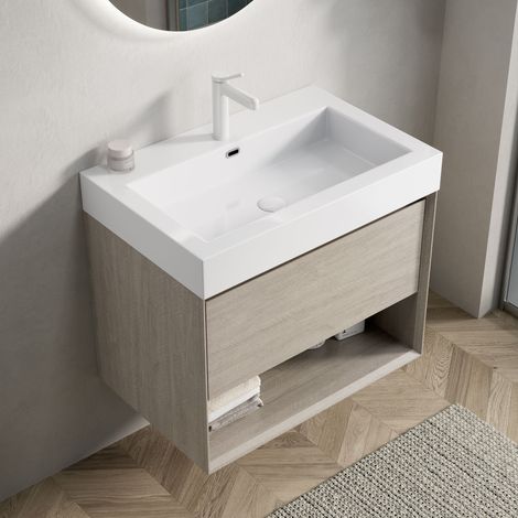 Meuble sous vasque avec 1 Tiroir et 1 Étagère Ouverte, fermeture douce, pour Salle de Bain, 70×46×60 cm (1/5)