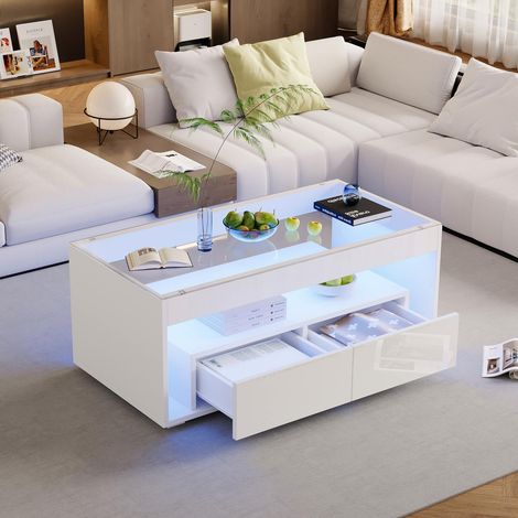 Table basse LED 100x50x40 cm blanche avec verre trempé, 2 tiroirs et éclairage multicolore (1/5)