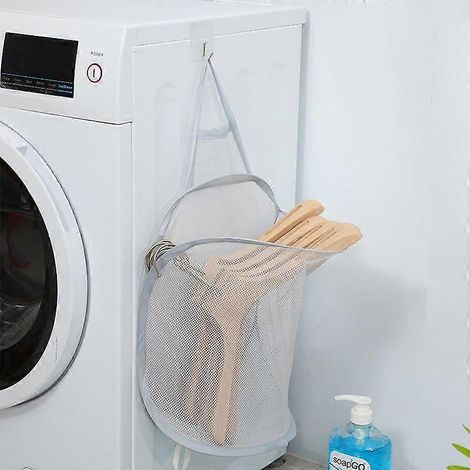 Lot de 2 paniers à linge pliables en maille grise, avec poignées de transport, faciles à ouvrir et à replier. (1/4)