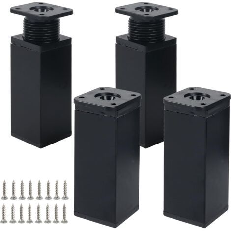 Lot de 4 pieds de meubles réglables en métal noir, 10 cm, avec 16 vis, pour meubles de cuisine, tables et tables (noir, 10 m)