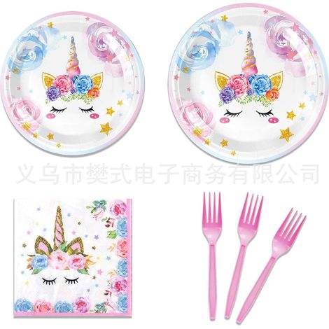 KOWOLL Service de table sur le thème des licornes, kit de décoration d'anniversaire licorne, assiettes en carton avec ballons papillon, idéal pour les fêtes d'anniversaire d'enfants (1/5)