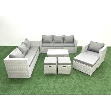 Fimous Polyrattan Sofa Gartenmöbel Set mit Sessel Rechteckiger Couchtisch 3 Hockern Hellgrau gemischt (1/5)