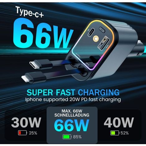 Chargeur Voiture Retractable Allume Cigare USB C, Chargeur Telephone Voiture 4 en 1 à Charge Ultra Rapide 66 W, Adaptateur Voiture Lumière Étoilée pour iPhone, Samsung Galaxy, Google Pixel (1/4)
