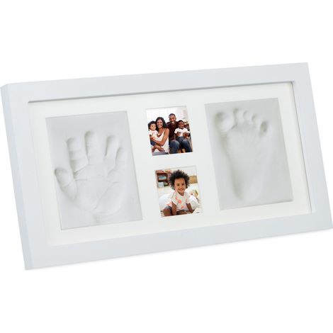 Relaxdays Kit Impronta Mani e Piedi Neonati, Cornice Battesimo e Nascita, Quadretto 2 Foto Calco Bimbo e Bimba, Bianco