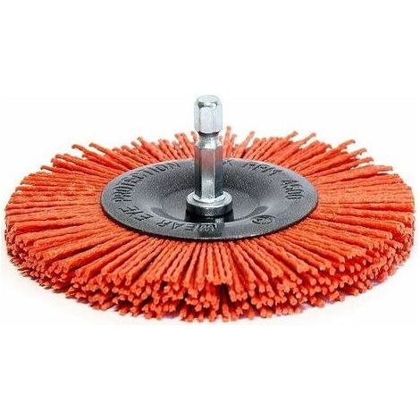 Brosse de ponçage circulaire pour perceuse – 100 mm, nylon agressif, queue hexagonale 6,35 mm, pour nettoyage et préparation du bois (1/5)