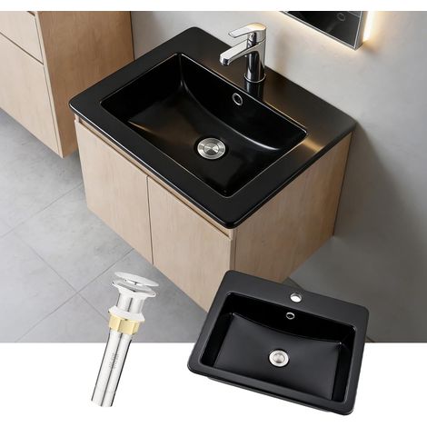 Lavabo en Céramique Noir Mat, 53 x 46 cm, Rectangle, Vasque à Encastrer Moderne, Lavabo de Comptoir avec Trou pour Robinet,Trop-Plein et Bonde de Vidange Escamotable en Acier inoxydable, Salle de B ai (1/5)