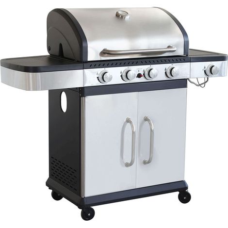 Barbecue a gas con quattro fuochi 128,5x56x112 cm in acciaio verniciato grigio e nero - Siderno