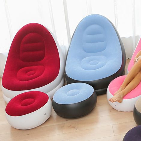 Fauteuil gonflable pliable en PVC floqué, confortable avec repose-pieds, rouge, idéal pour le camping et les voyages en plein air. (1/5)