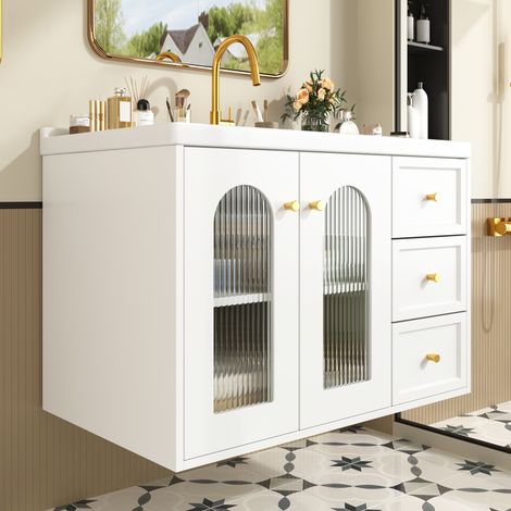 URBAN MEUBLE Meuble de Salle de Bain Suspendu 80cm avec Vasque Céramique, 2 Tiroirs et Porte en Verre (robinet non inclus)