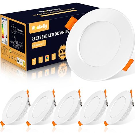 Spot LED Encastrable 6W 68-80mm IP44 Lot 6 4000K Blanc Naturel, 230V, 600LM, Plat, Pour Salon/Couloir/Salle De Bain (1/5)
