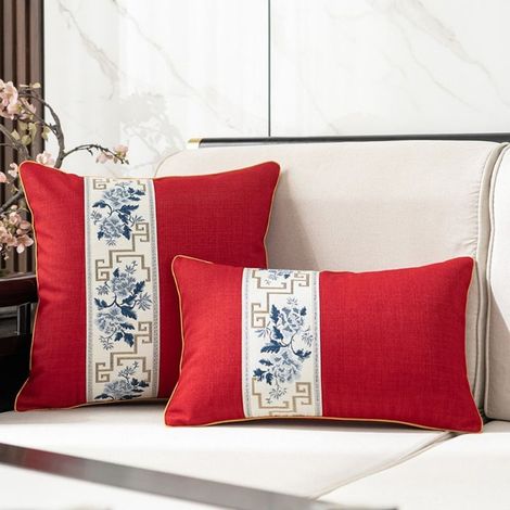 taie d'oreiller rouge 60x60 cm Taies d'oreiller en ruban jacquard de lin et coton, utilisées pour les têtes de lit, les coussins en acajou du salon et les dossiers de canapé. (1/5)