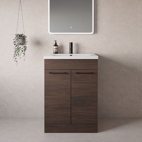 Napoli 460 Brown Oak 600mm 2 Door Vanity Unit with Glide Basin - 600mm - Matt Black 160mm Handle