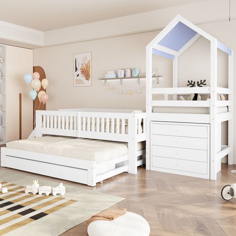 Letto estraibile 90/200 cm in legno massiccio con cassetti e tenda in tessuto, bianco (1/5)