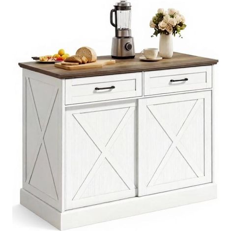 Îlot de cuisine multifonction 106,4x57x92 cm panneau MDF avec 2 tiroirs et placard porte coulissante, meuble rangement style campagnard sans roulettes (1/5)