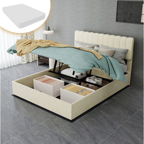 DESVIAE Lit rembourré en tissu avec tête de lit haute 140 x 200 cm beige structure en métal et bois lit plateforme pour chambre matelas inclus (1/5)