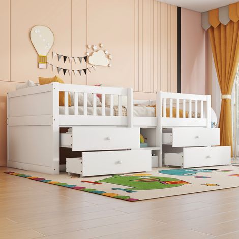 Cama alta 90x200cm 4 cajones barandilla escalera madera de pino y MDF color blanco (Sin colchón)