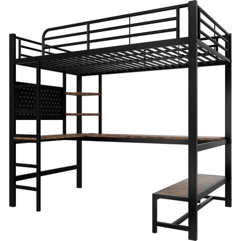 Cama alta 90 x 200 cm de metal y MDF con escritorio, almacenaje, LED y USB-C, negra (1/5)