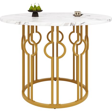 Table à manger ronde 4 places 100 x 100 x 76 cm, plateau MDF blanc marbré, pieds métal doré réglables, pour cuisine, salle à manger et bureau  CHICFURN (1/5)