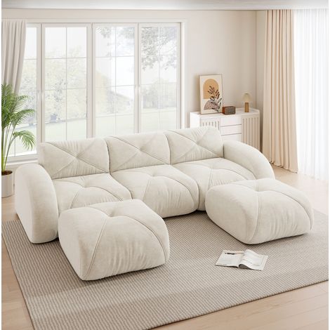 Sofá modular en U de 3 plazas sin armazón de chenilla beige claro con 2 pufs OKWISH (1/5)
