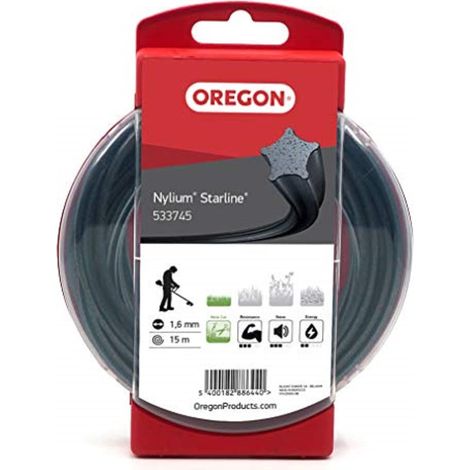 Oregon Filo per Decespugliatore a Forma di Stella con 5 Bordi Taglienti, in Nylon Professionale Arricchito con Particelle di Alluminio, 1,6 mm - 15 m, Nylium (533745)