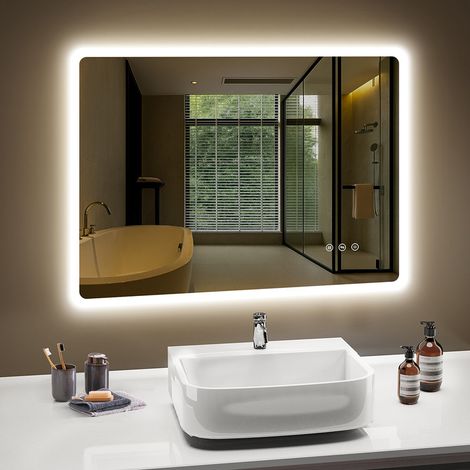 LED Badezimmerspiegel PESENXAN 80x60 cm mit Beleuchtung, Dimmer, Anti-Beschlag, 3 Lichtfarben, IP44, Speicher, horizontal/vertikal (1/5)
