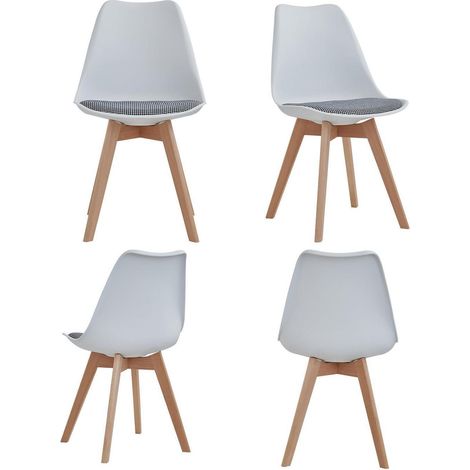 Esszimmerstuhl 4er-Set Skandinavisch mit Massivholzbeinen und gestreiftem Sitzkissen Weiß (1/5)